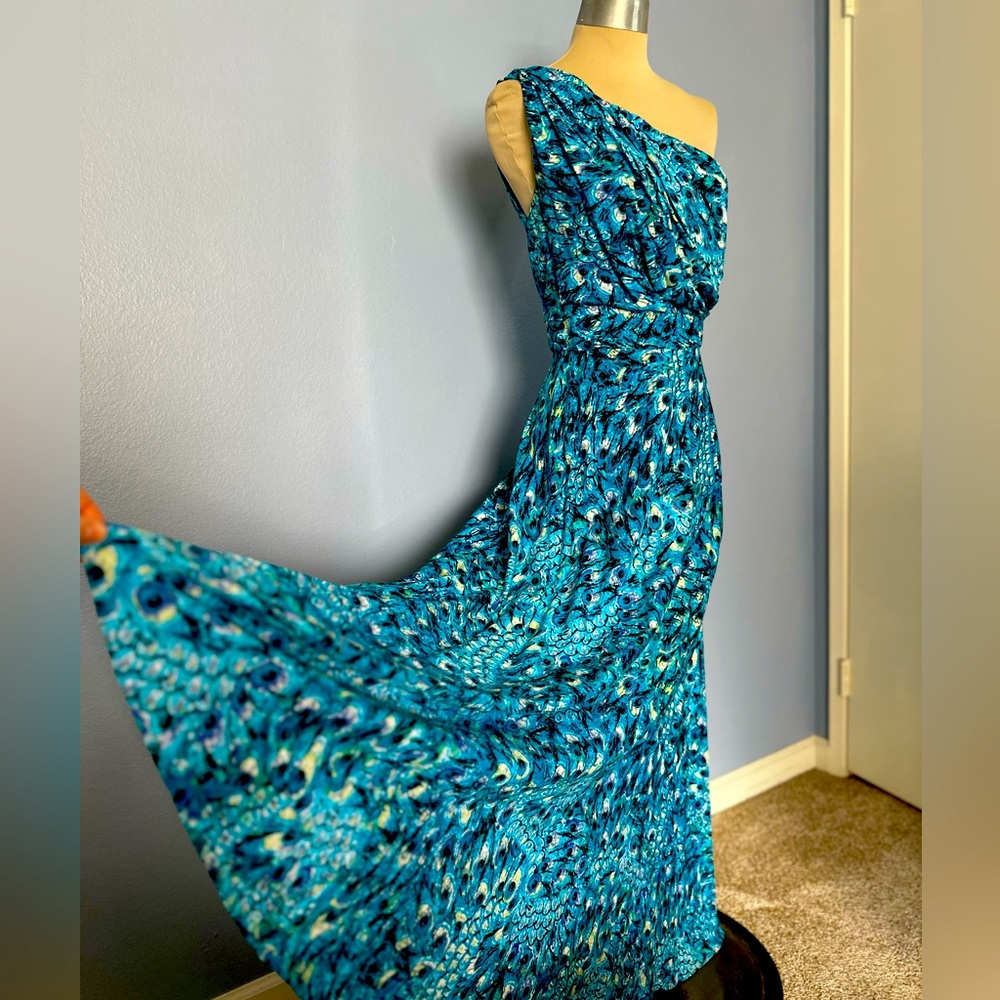 Von Vonni One Shoulder Long Dress Peacock Print